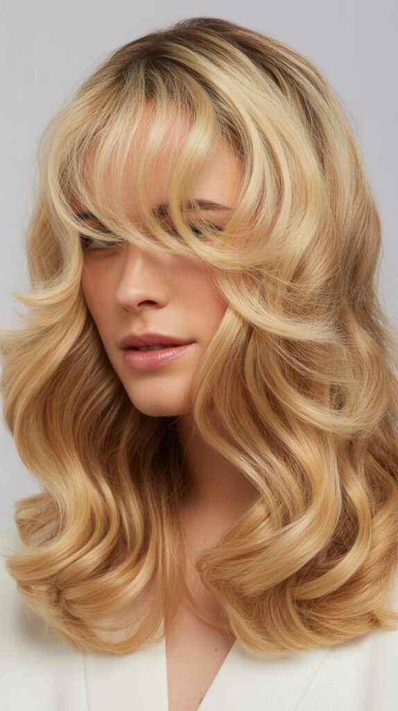 Voluminous Blonde Waves with Wispy Curtain Bangs