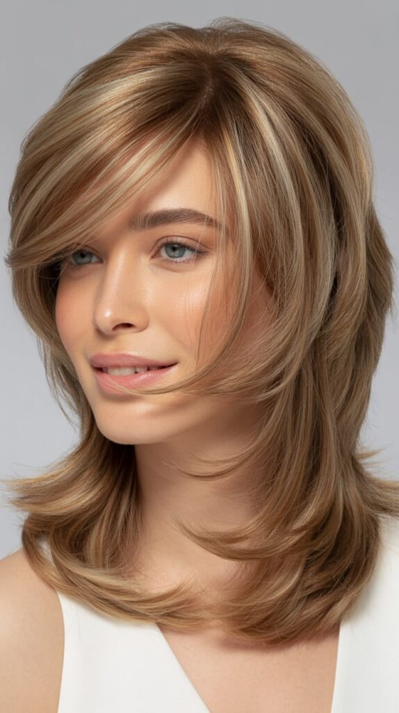 Romantic Layers with Swoopy Bangs for Feminine Appeal