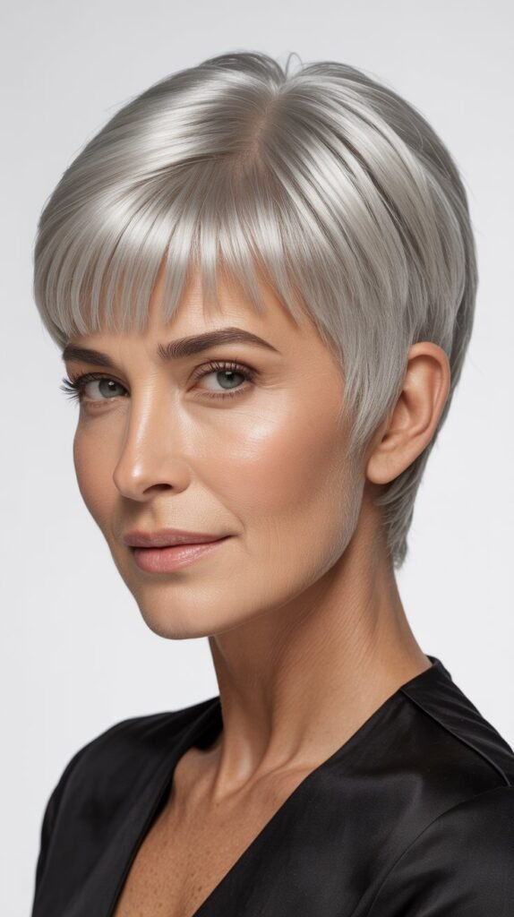 Blunt Baby Bangs with Silver Pixie Cut