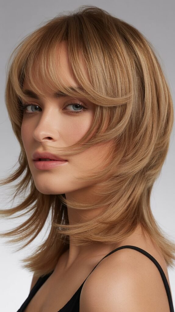 Razored Medium Layers With Asymmetric Bangs