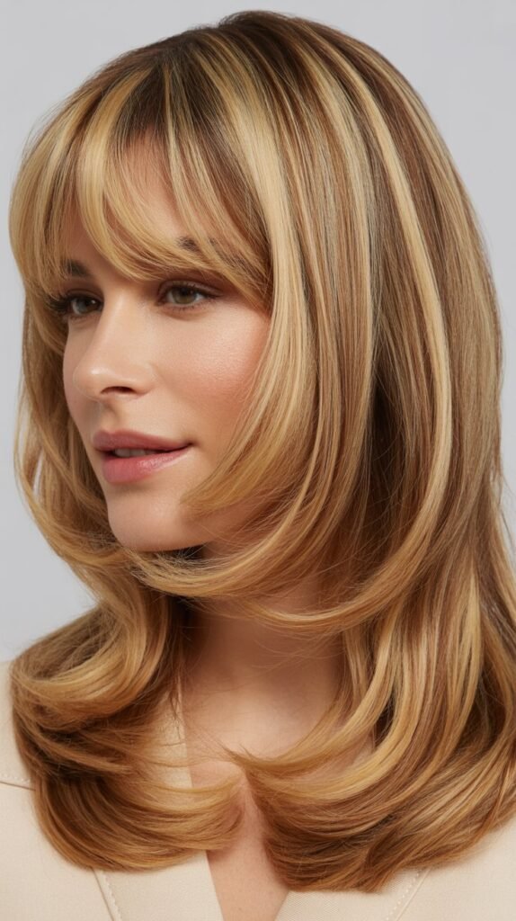 Arched Bangs with Caramel Blonde Highlights