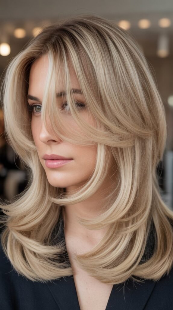 Nude Blonde Lived-In Layers with Curtain Bangs