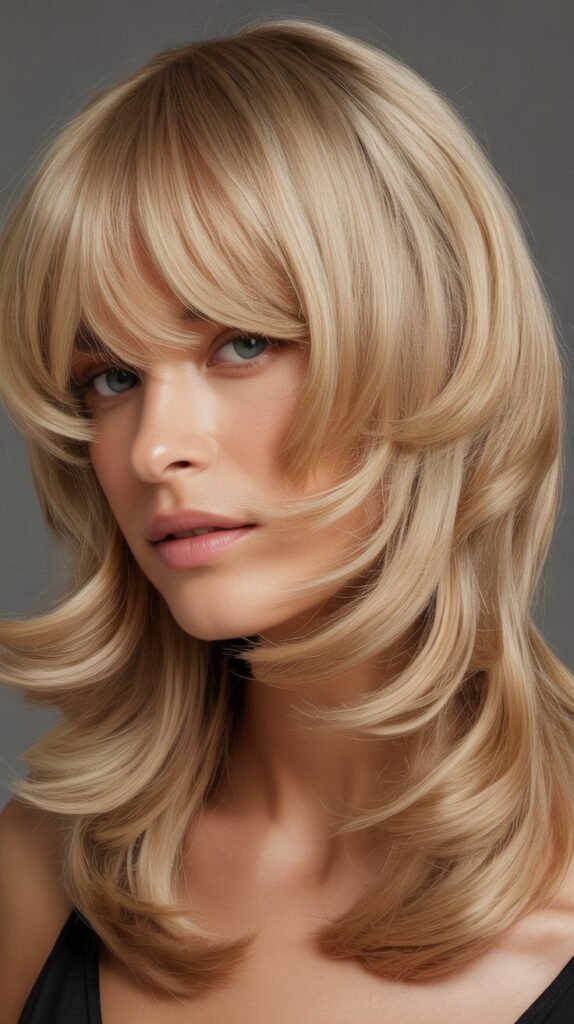 Champagne Blonde Layered Shag with Curtain Bangs