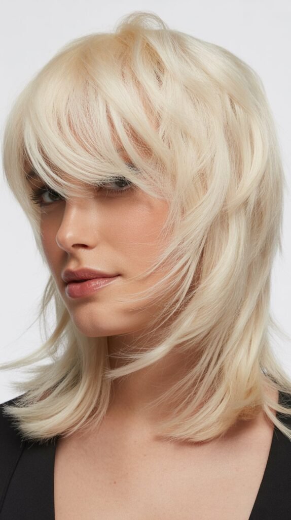 Wispy Bangs with Platinum Blonde Choppy Layers