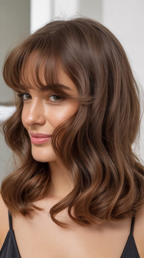 Medium Wavy Hair With Wispy Curtain Bangs
