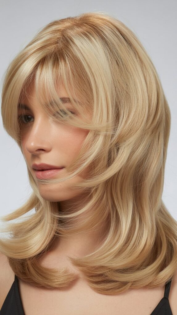 Arched Bangs with Vanilla Cream Blonde Slide-Cutting Layers