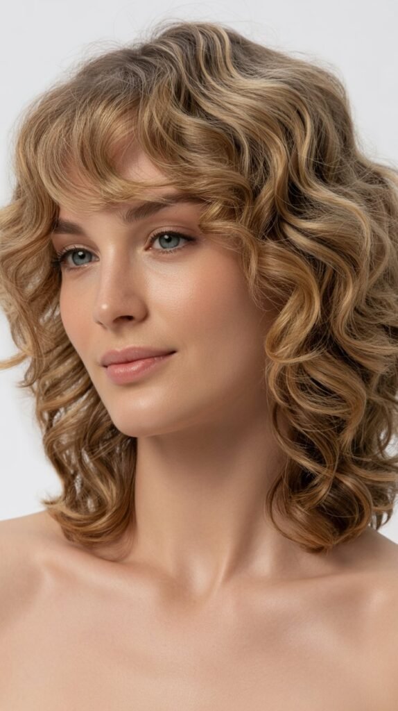 Bouncy Shoulder Curls with Side-Parted Bangs