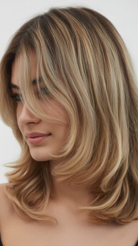 Ash Blonde Balayage with Curtain Bangs