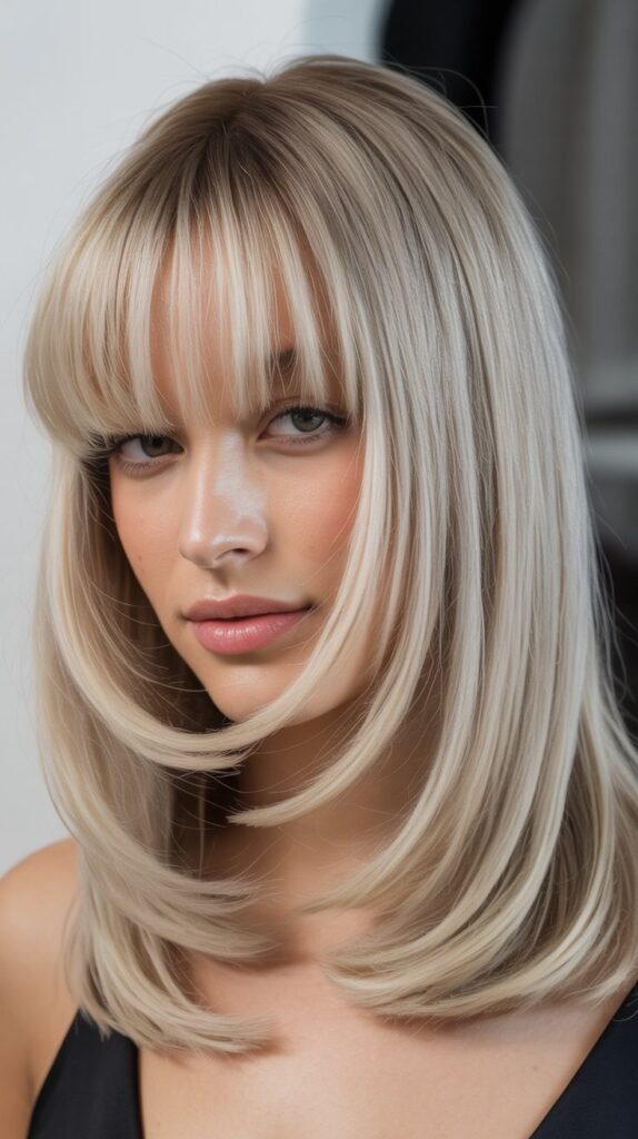 Icy Blonde with Blunt Curtain Bangs