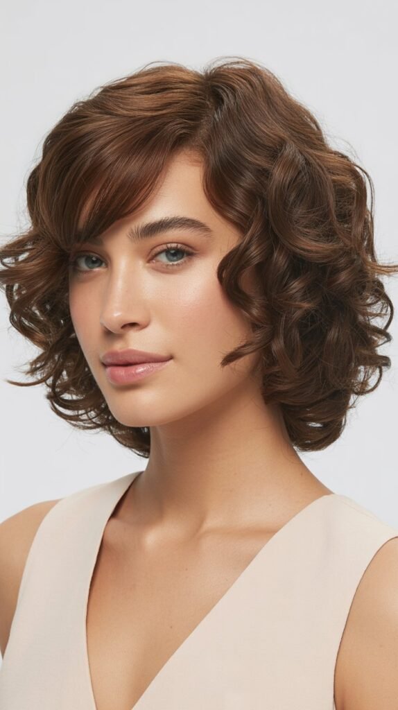 Curly Bob with Side-Parted Bangs