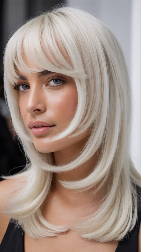 White Blonde Sleek Layers with Curtain Bangs