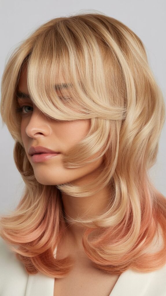 Rosy Blonde Wavy Layers with Curtain Bangs