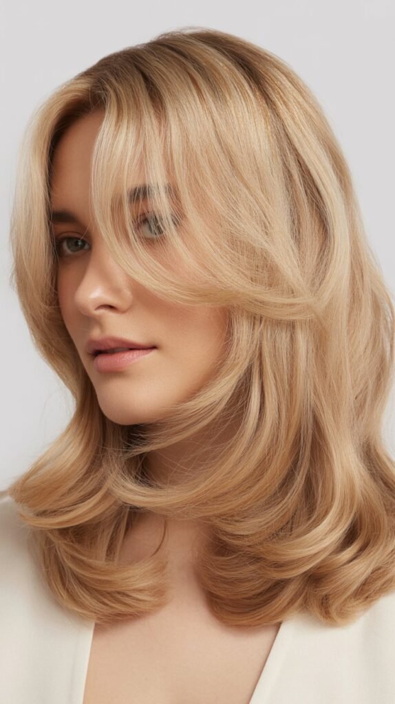 Champagne Blonde with Wispy Curtain Bangs