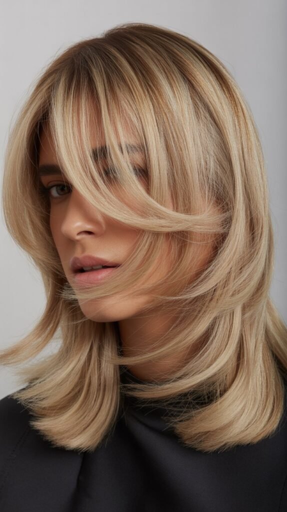 Neutral Blonde Razor-Cut Layers with Full Curtain Bangs