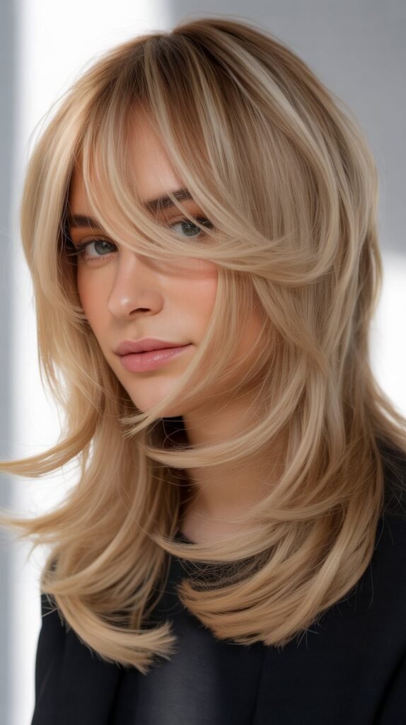 Biscuit Blonde Textured Layers with Curtain Bangs
