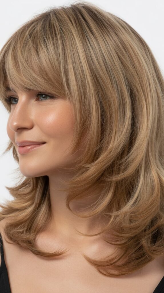 Blended Bangs with Soft Waves and Layers