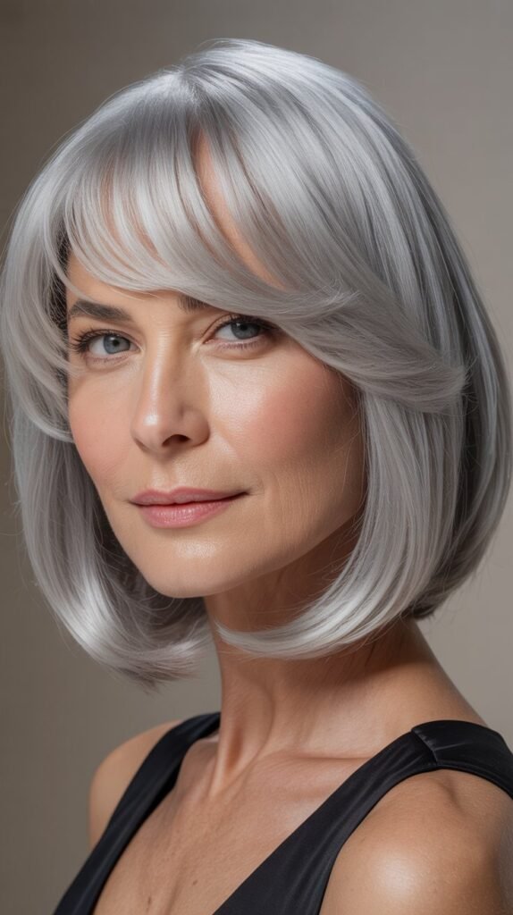 Side-Parted Bangs with Sleek Silver Bob