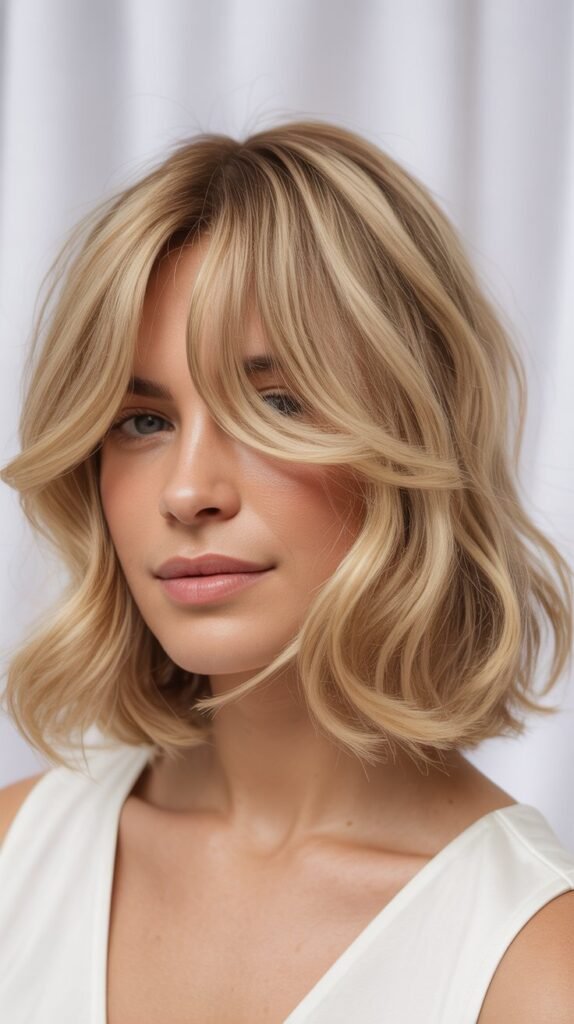 Tousled Blonde Lob with Feathered Curtain Bangs