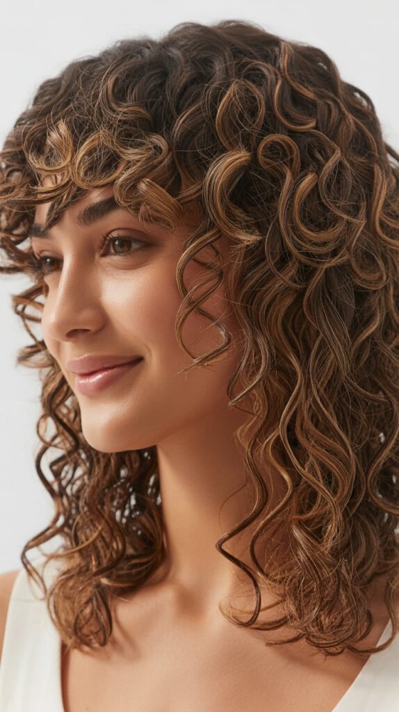 Curly Medium Hair with Curtain Bangs