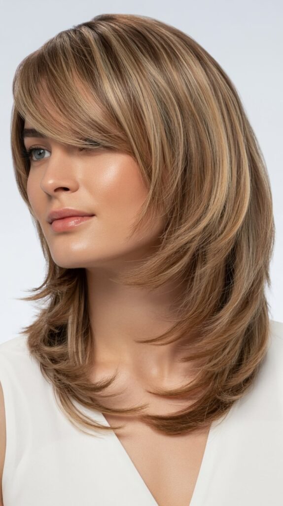 Layered Hair with Side-Swept Bangs