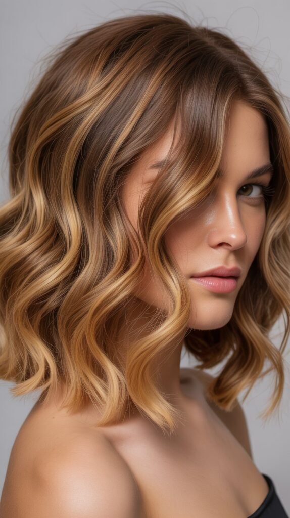 Wavy Lob with Honey Highlights