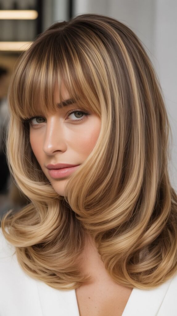 Full Bangs with Bronde (Brown-Blonde) Color