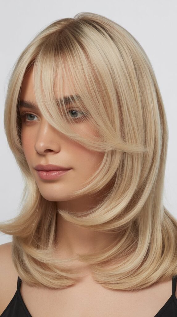 Moonlight Blonde Sleek Layers with Blunt Curtain Bangs