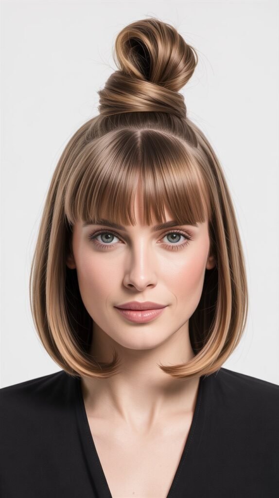 Curtain Bangs with Top Knot