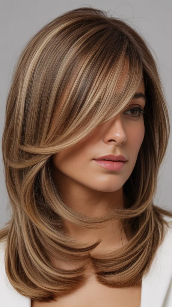 Medium Hair With Long Side Bangs And Highlights