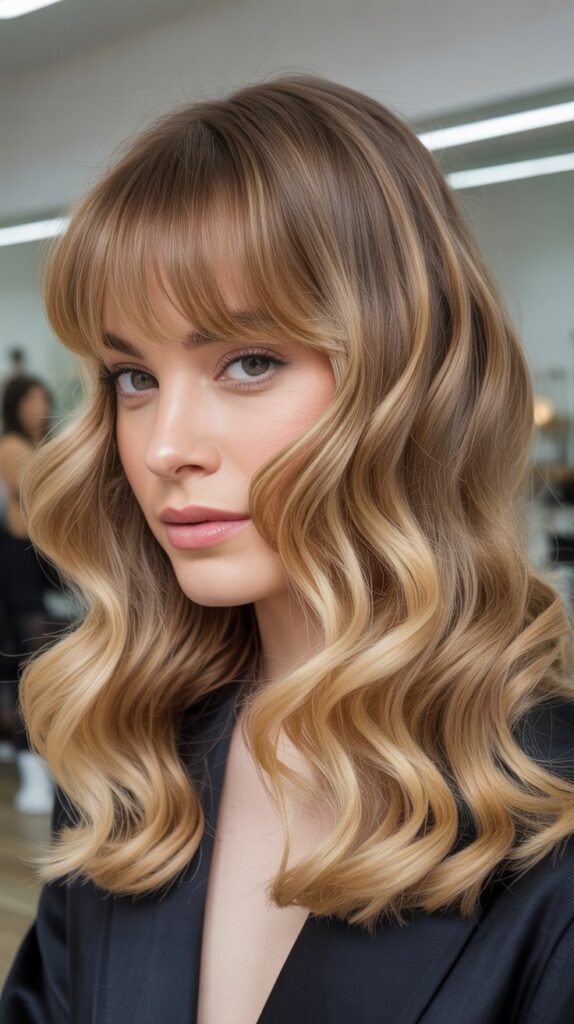 Classic Curtain Bangs with Shoulder-Length Blonde Waves