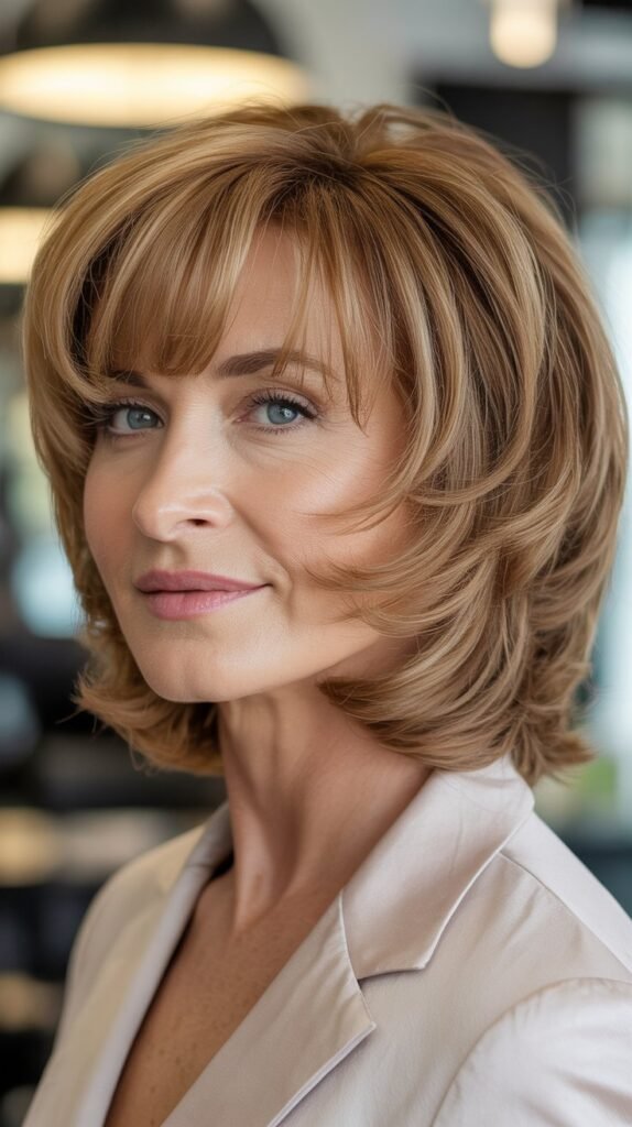 Stacked Bob with Curved Bangs for Volume and Softness