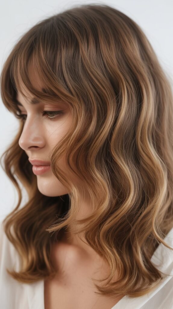 Angled Curtain Bangs With Side-Swept Waves