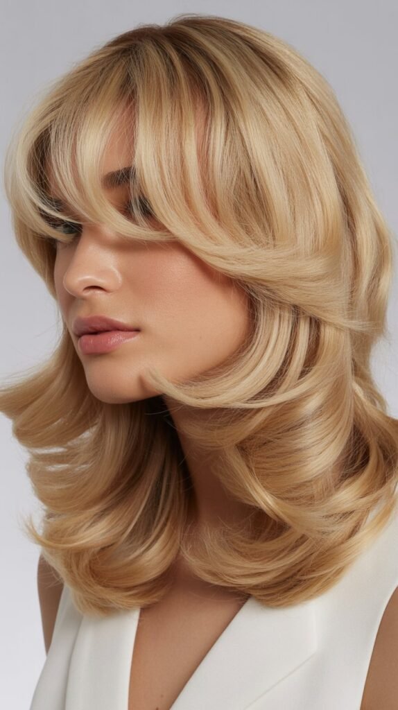 Curved Bangs with Blonde Collarbone Waves