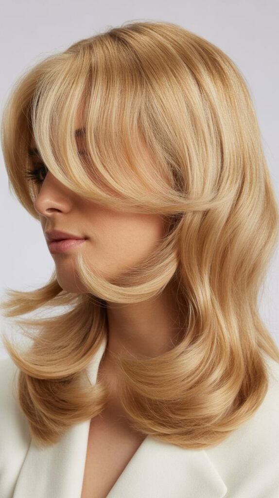 Curved Side Bangs with Buttery Blonde Midi Cut