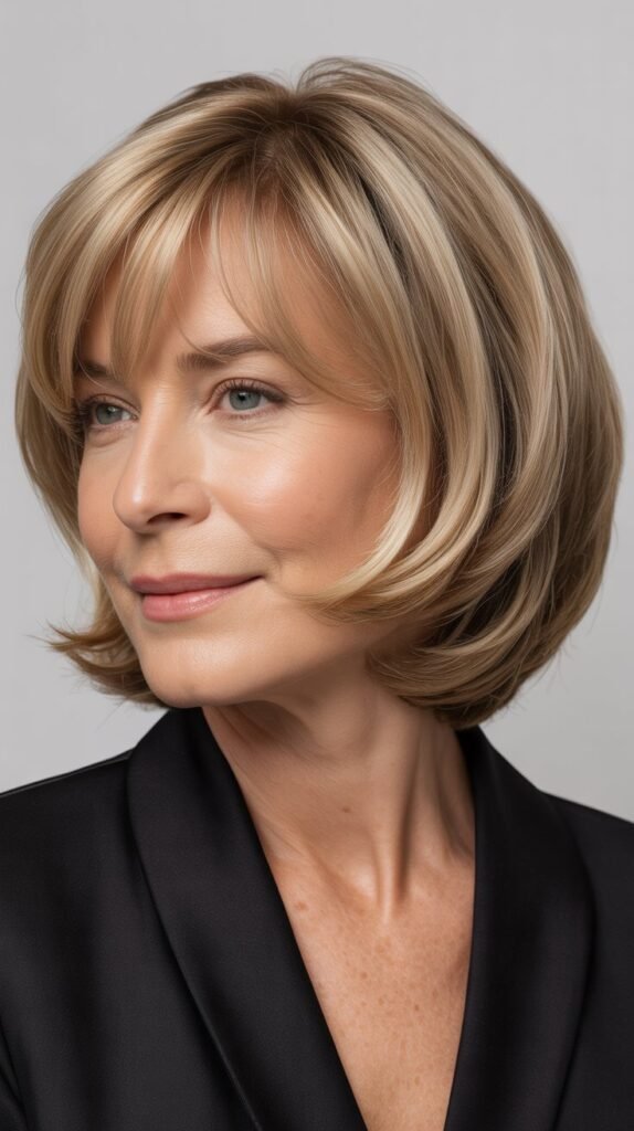 Angled Bob with Curtain Bangs for Face-Framing Excellence
