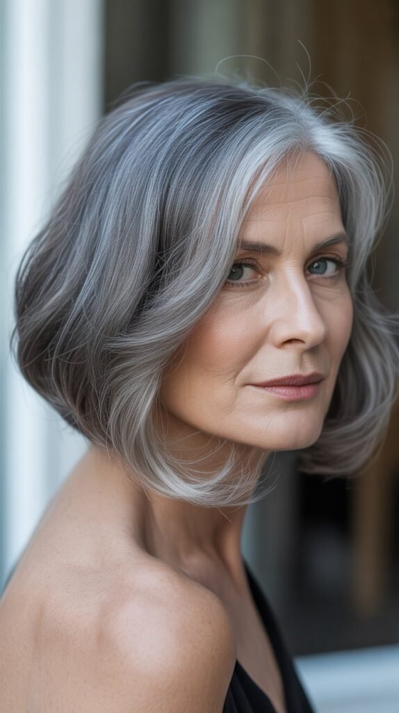 Asymmetrical Gray Lob (Long Bob)