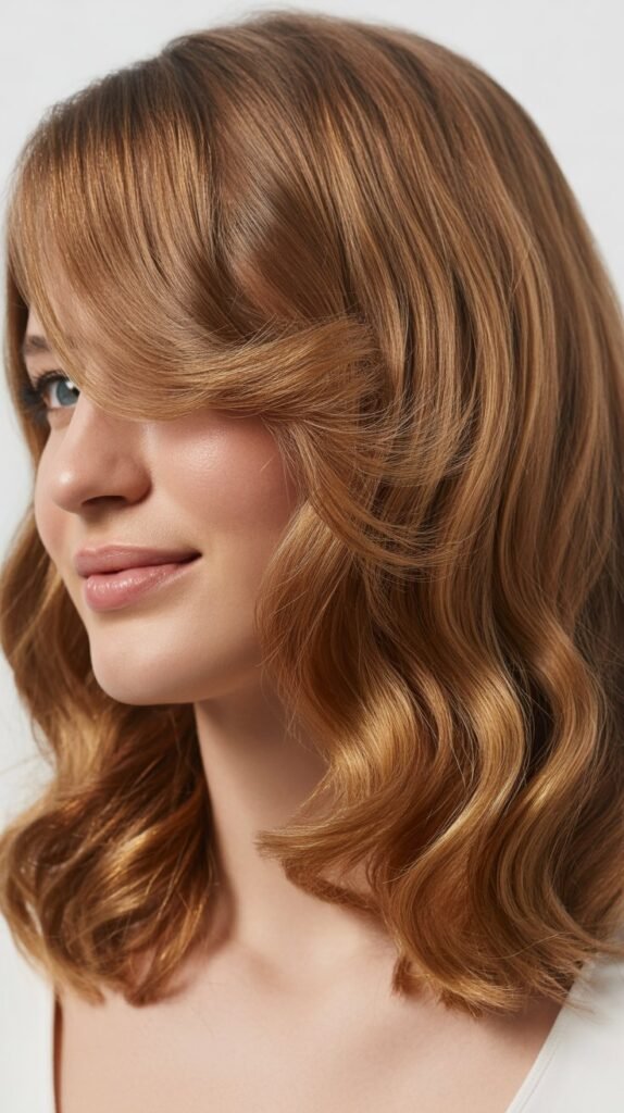 Wavy Shoulder Cut With Side-Swept Bangs