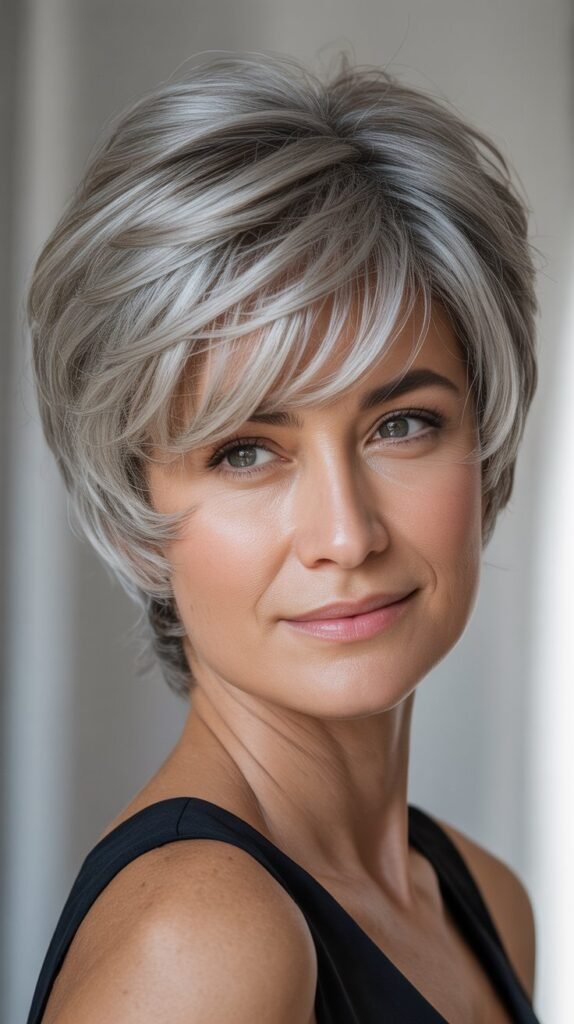 Textured Bangs with Natural Gray Pixie
