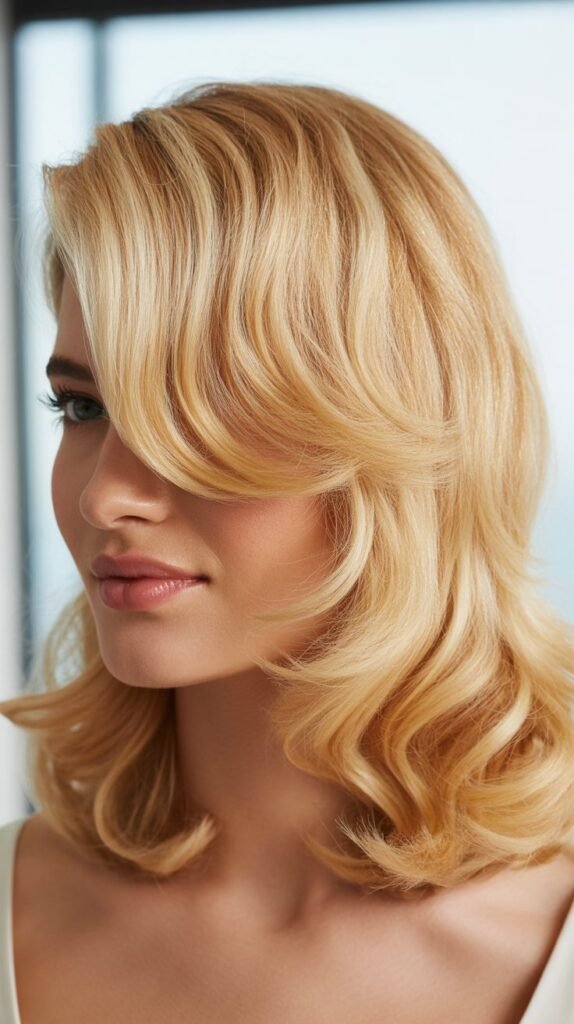 Medium Blonde Waves with Face-Framing Side Bangs