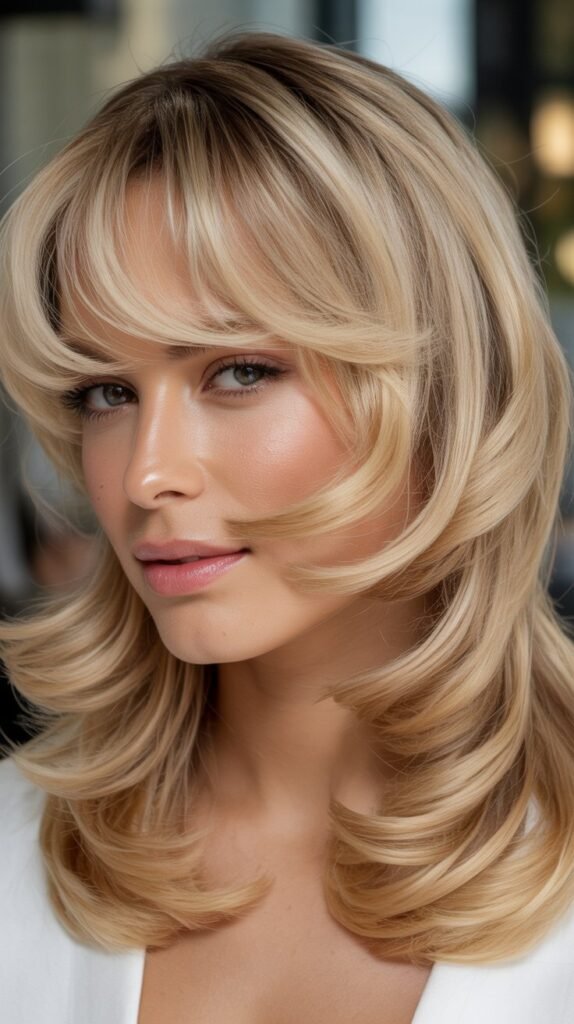 Medium Blonde Shag with Curtain-Style Side Bangs
