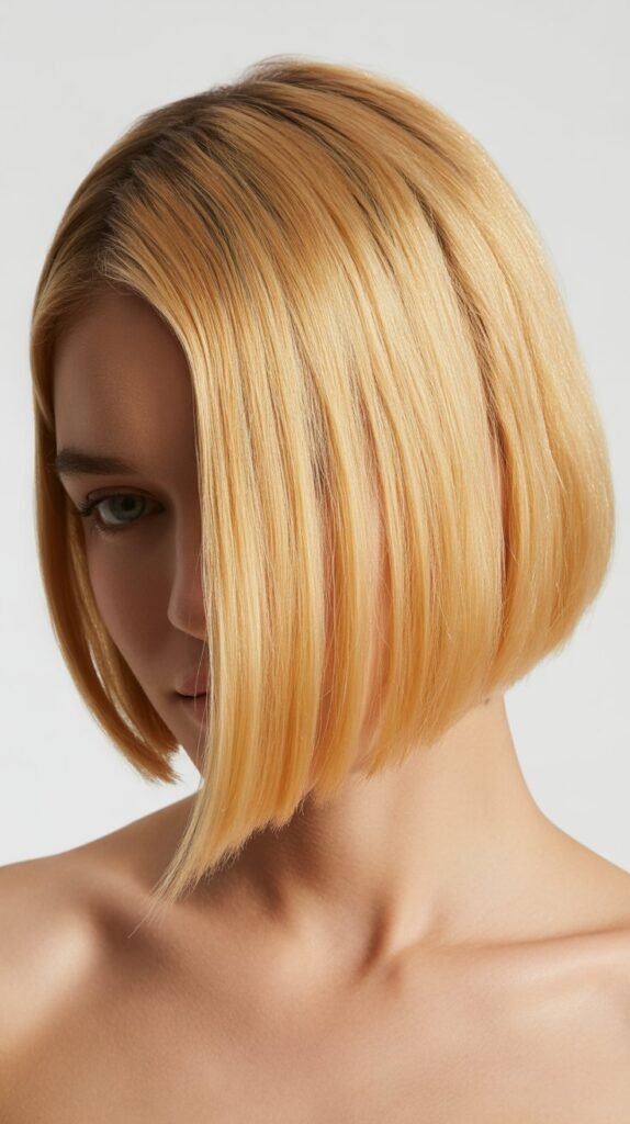 Sleek Blonde Lob with Deep Side Part