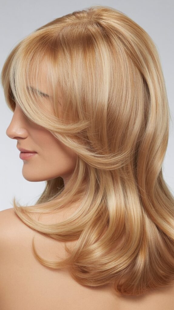Medium Blonde Hair with Side Bangs and Volume at the Crown