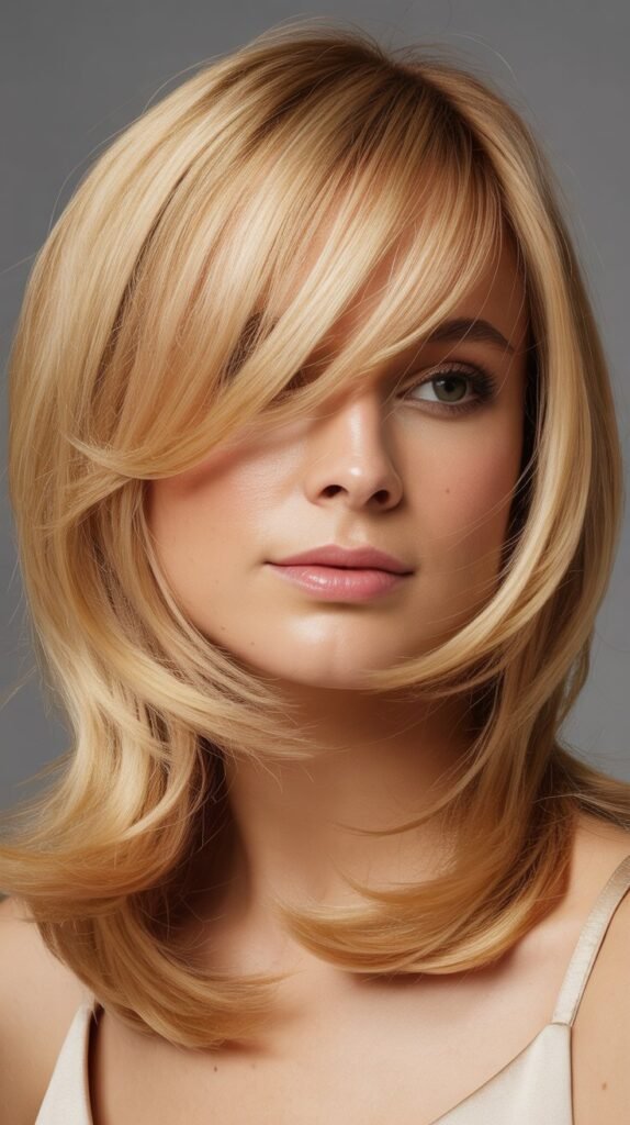 Medium-Length Golden Blonde Hair with Choppy Side Bangs