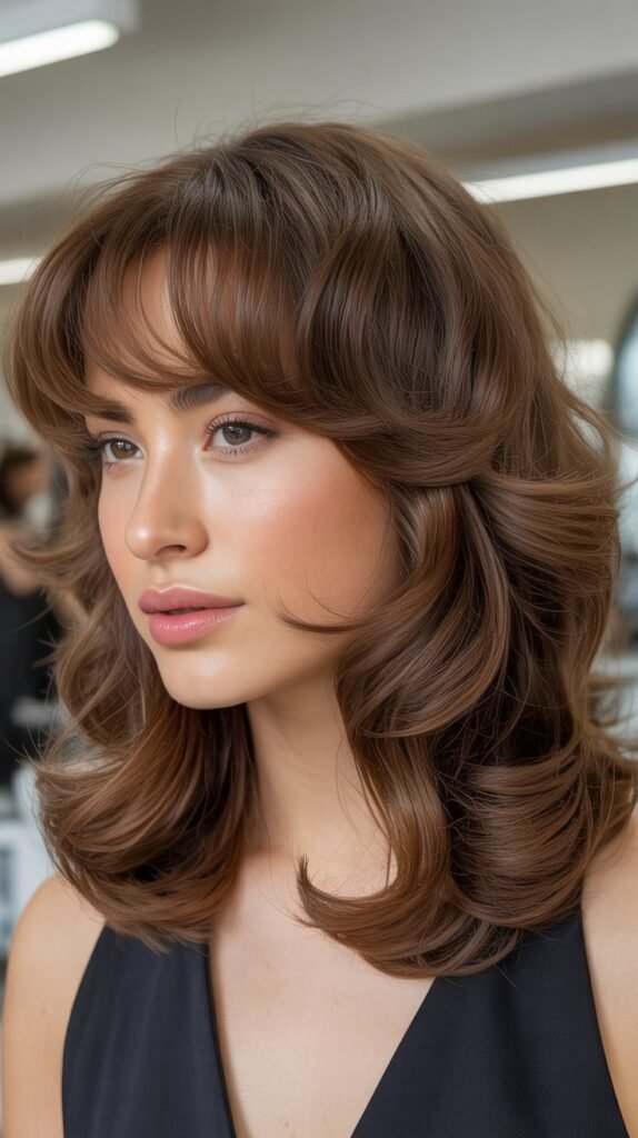 Layered Waves With Brow-Skimming Bangs