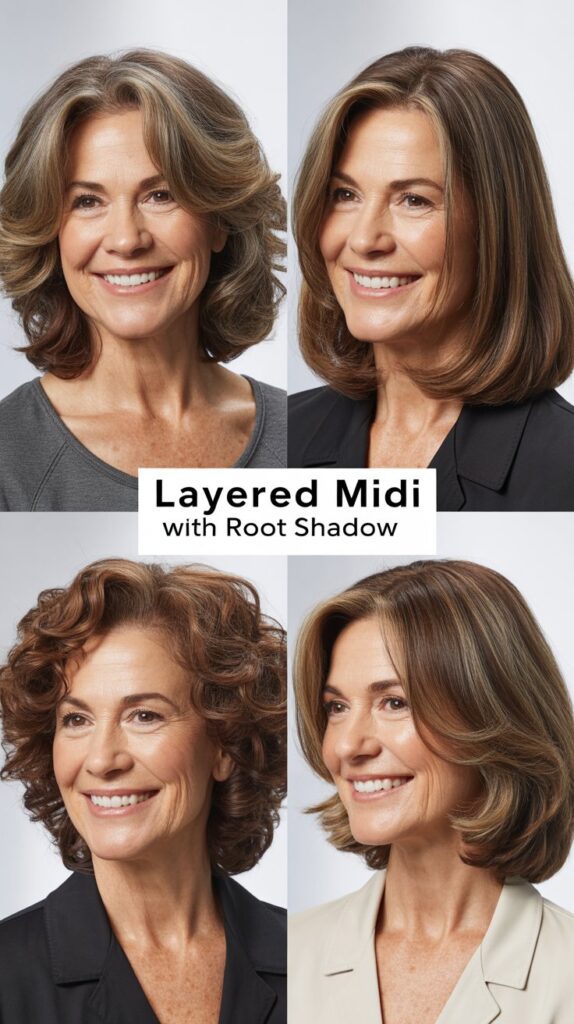 41 Modern Sassy Medium-Length Hairstyles for Older Women to Try Now 25 Layered Midi with Root Shadow