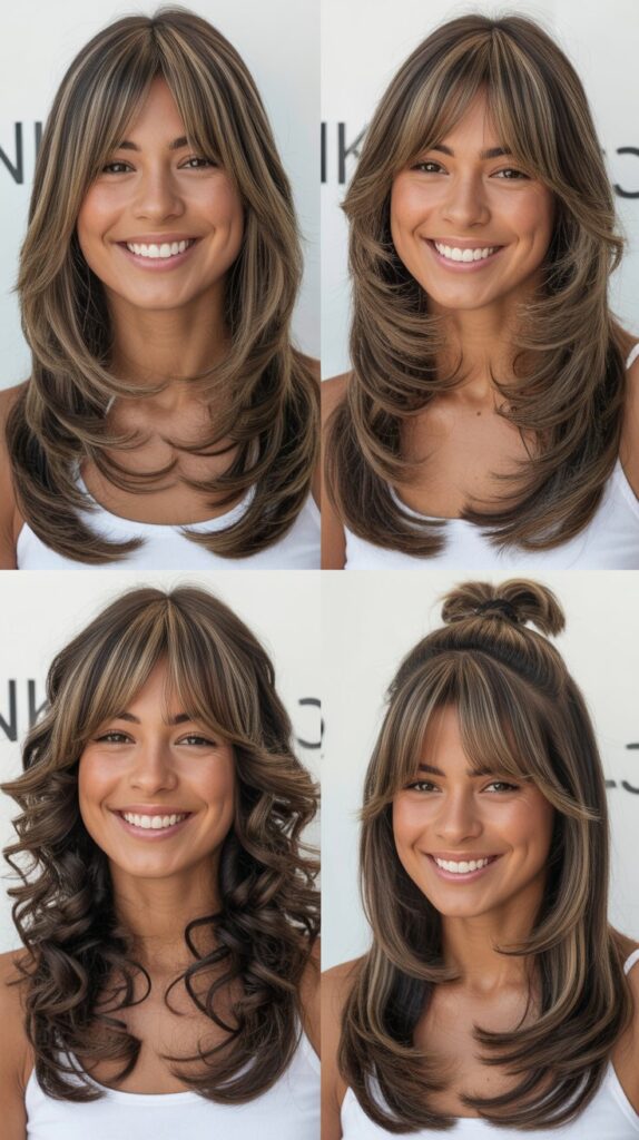  Long Cascading Layers with Curtain Bangs