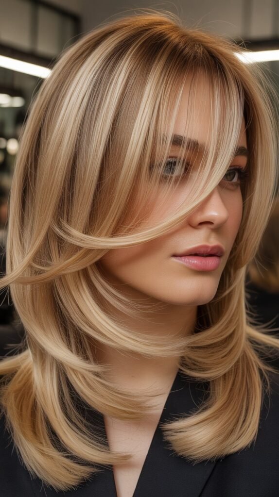 Golden Blonde Face-Framing Layers with Curtain Bangs