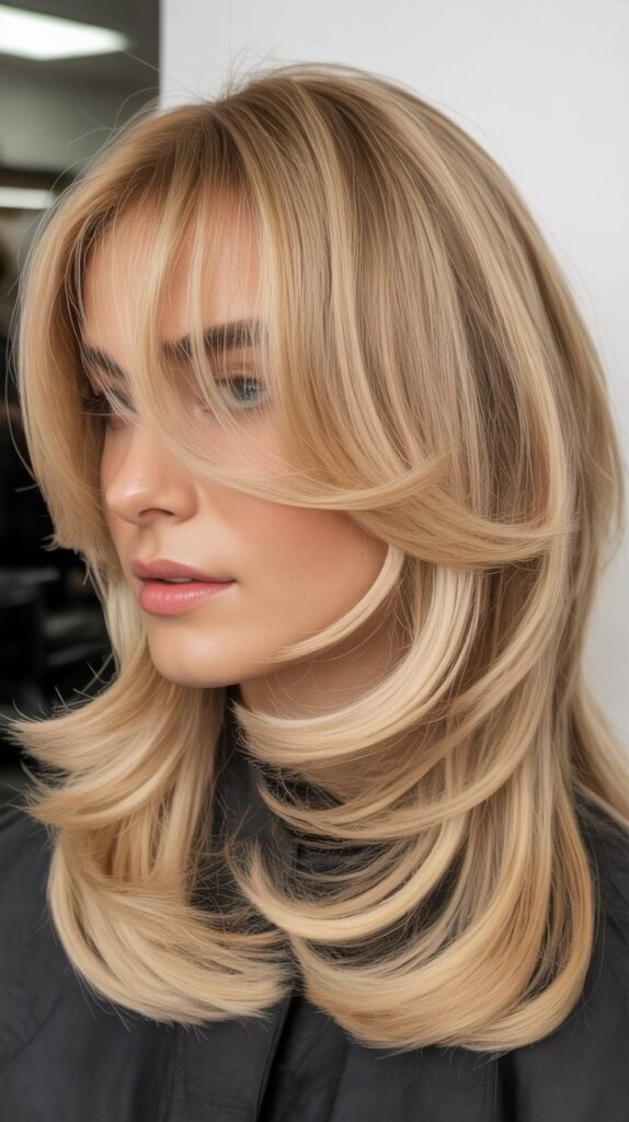 Butter Blonde Choppy Layers with Full Curtain Bangs