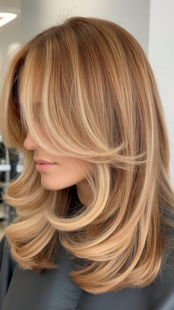 Caramel Blonde Balayage with Curtain Bangs and Layers