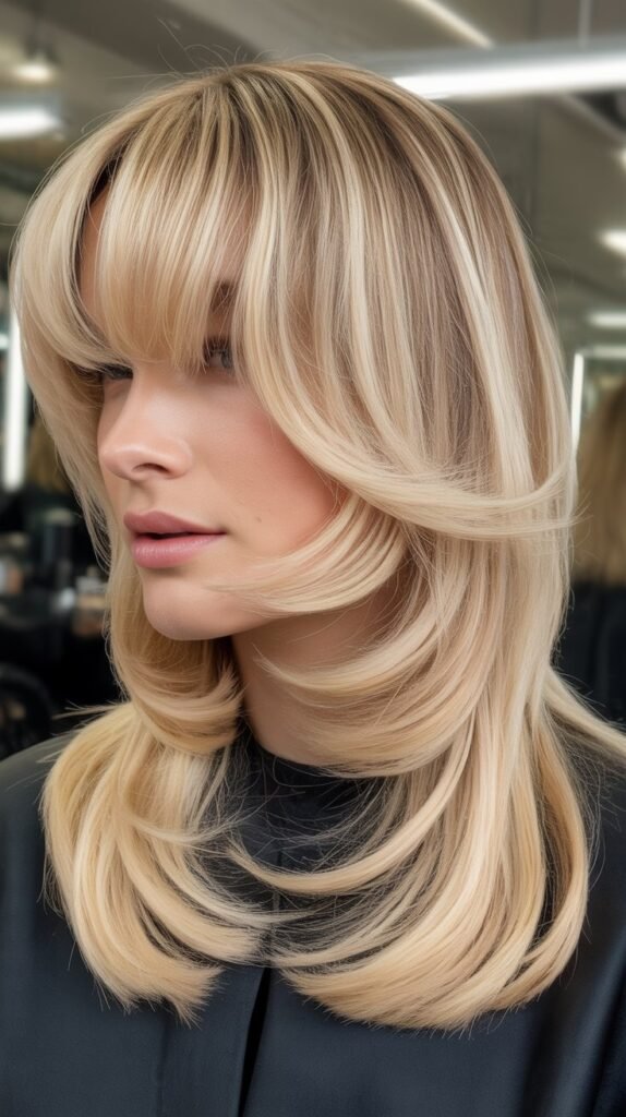 Bright Blonde Butterfly Layers with Curtain Bangs